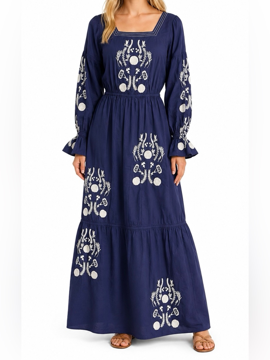 Nwt - Something Navy Embroidered Boho Cotton Maxi Dress Navy Xs